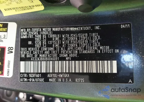 2011 Toyota Venza z USA, uszkodzony, nr VIN 4T3ZA3BB0BU046091